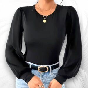 Black Long Sleeve Bodysuit With Sheer Puff Sleeves Size: L